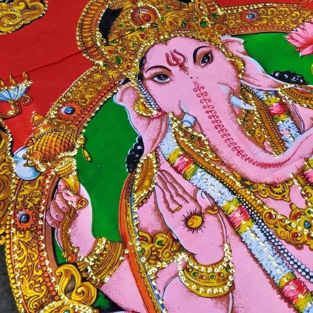 Lord Ganesha Deity Sequin Tapestry Indian God Batik Cotton Wall Hanging 43